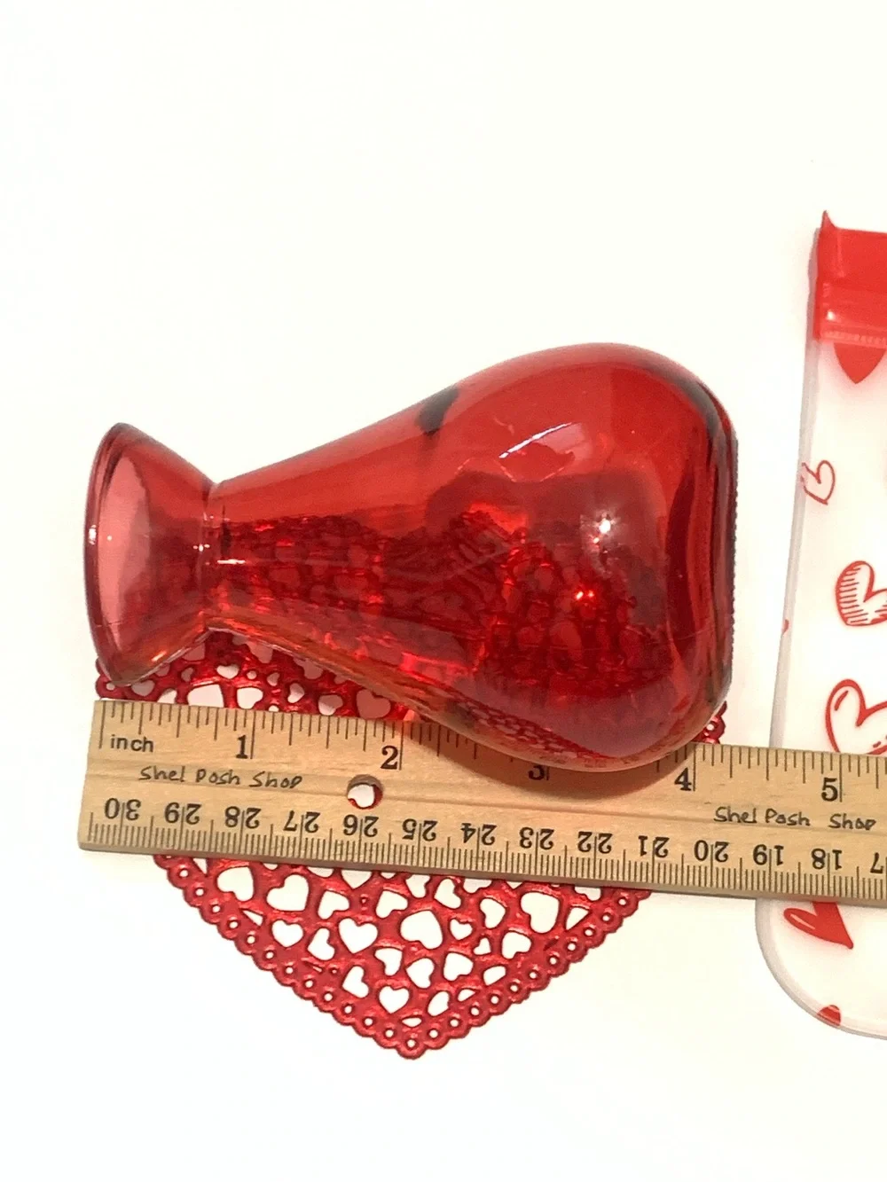 Red Heart-Themed Glass Vase, Coaster and Reusable Bag Set